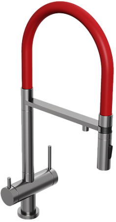 Смеситель для кухни/мойки Abelsberg Venta с каналом для фильтрованной воды, однорычажный, поворотный/гибкий/выдвижной, керамический, излив 220 мм, высота излива 200 мм латунь/силикон, цвет космическая сталь/красный