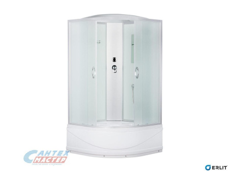 Душевая кабина 90х90х215 см Comfort Erlit поддон высокий, полукруглая, угловая, с сиденьем, стенка стекло белое, двери тонированные, с верхним душем, смеситель, профиль хром матовый, прозрачное стекло, белая, закрытая