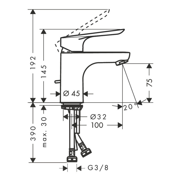 Смеситель для раковины Hansgrohe Logis E 70 Coolstart, однорычажный, фиксированный, излив короткий, длина 11 см, керамический, латунь, цвет хром, с донным клапаном