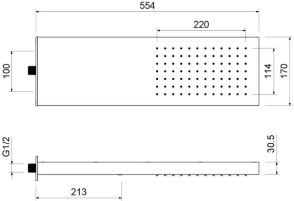 Верхний душ Aquatek AQ2084MB прямоугольный, 1 режим, размер 550х170 мм, нержавеющая сталь, цвет матовый черный, для душа/ванной, на стену