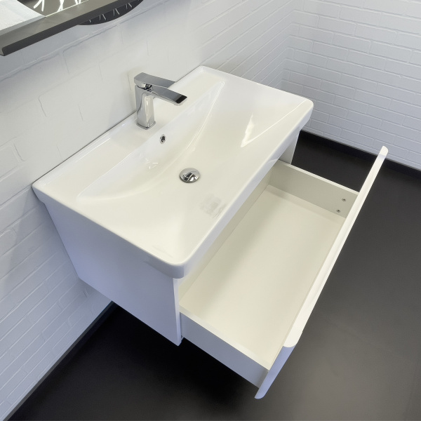 Тумба с раковиной Comforty Арзамас-80-1 размер 81х48х47,5 см подвесная, 1 выдвижной ящик, ЛДСП/МДФ, прямоугольная, цвет-белая матовая/раковина COMFORTY 4480 прямоугольная, цвет белый, накладная