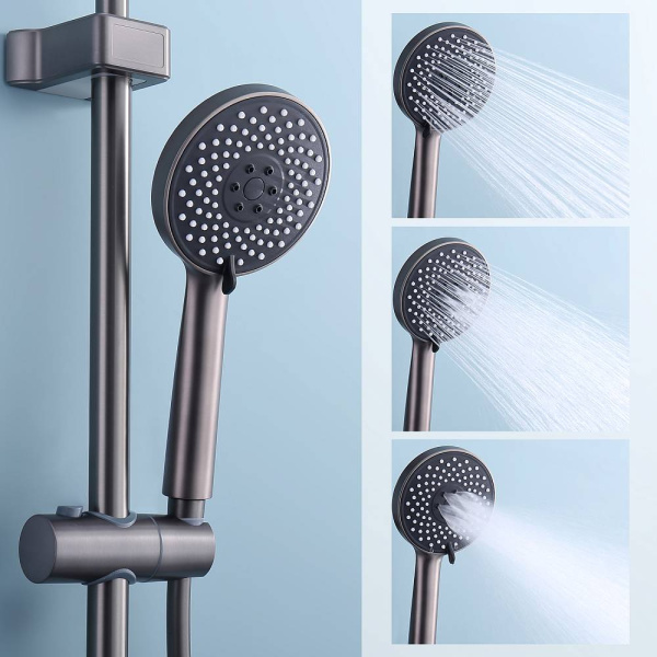 Душевая система Splenka S53.24.09 высота 1374 мм цвет графит, комплект: однорычажный смеситель-полка/излив/тропический душ круглый (с верхней лейкой)/лейка/стойка/шланг, латунь