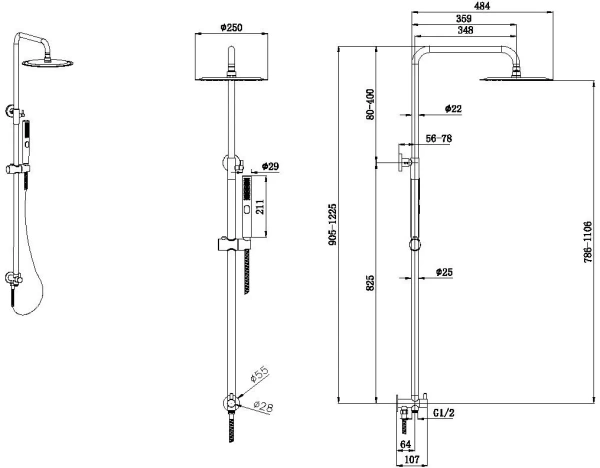 Душевой гарнитур Allen Brau Priority наружного монтажа, высота 905-1225 мм цвет никель браш, 3 режима, тропический душ (с верхней лейкой)/стойка/лейка/шланг