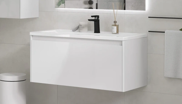 Тумба под раковину Velvex Klaufs 1000-0-1, 991х443х440 мм подвесная, цвет белый глянец, 1 выдвижной ящик/выдвижной органайзер, подходит раковина Mario 100, универсальная, в ванную комнату