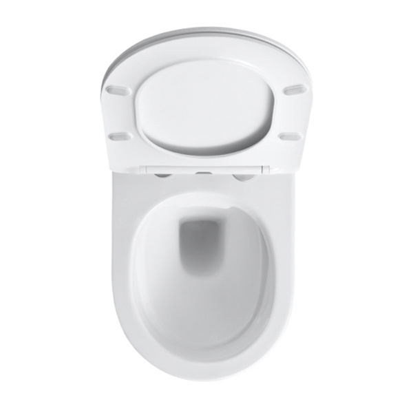Унитаз подвесной OLIVE'S Plaza, БЕЛЫЙ, горизонтальный (прямой, в стену) выпуск, безободковый, с быстросьемным сиденьем микролифт, с крышкой (сиденье) ДЮРОПЛАСТ 