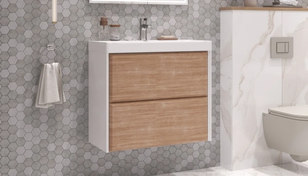 Тумба под раковину Velvex Gesso 700-0-2, 694х387х592 мм подвесная, цвет белый матовый/дуб сонома, 2 выдвижных ящика, подходит раковина 9696-70, универсальная, в ванную комнату