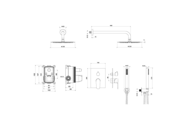 Душевая система Aquatek Оберон 3 в 1 встраиваемая, цвет шлифованное золото, комплект: смеситель/тропический душ (с верхней лейкой)/лейка/шланг, латунь, скрытого монтажа