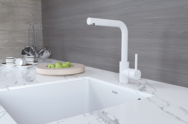 Смеситель для кухни/мойки Paulmark Kassel, однорычажный, поворотный, керамический картридж, высокий, выдвижной излив, длина излива 187 мм, латунь, цвет белый матовый