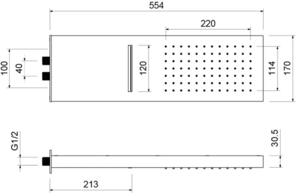 Верхний душ Aquatek AQ2085CR прямоугольный, 2 режима, размер 550х170 мм, нержавеющая сталь, цвет хром, для душа/ванной, на стену