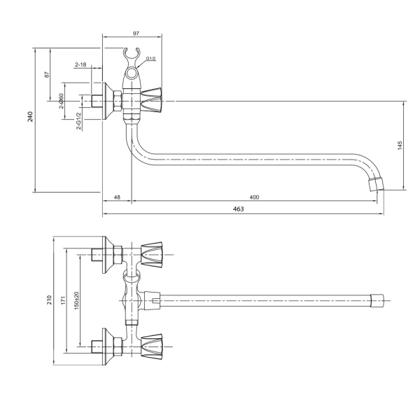 Смеситель для ванны/душа Olives Catalona, двухвентильный, настенный, керамический, поворотный, длина излива 400 мм, латунь, цвет хром 23241CT