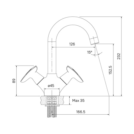 Смеситель для раковины/умывальника IDDIS Copter, двухвентильный, поворотный, керамическая кранбукса, длина излива 126 мм, латунь, цвет хром
