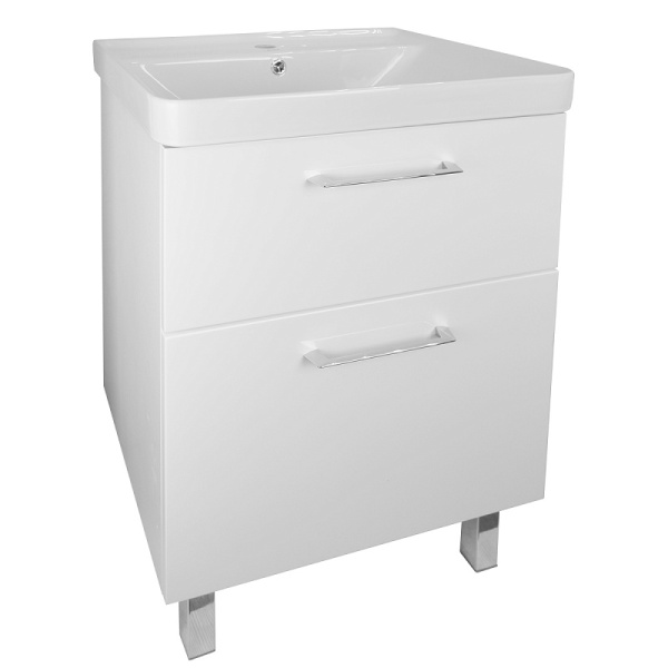 Тумба с раковиной Azario Ника 60 Н, 62х85х47 см, напольная, 2 выдвижных ящика, МДФ/ЛДСП, система плавного закрывания, прямоугольная/умывальник (Monte 60), прямоугольная, цвет белый, санфаянс, отверстие под смеситель, слив-перелив