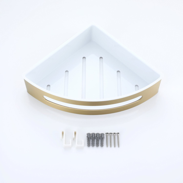 Полка Raglo R340.01.03 угловая, 205х205 мм настенная/подвесная, нержавеющая сталь/ABS-пластик, для ванных принадлежностей, в ванную/туалет/душевую кабину, цвет сатин золотой