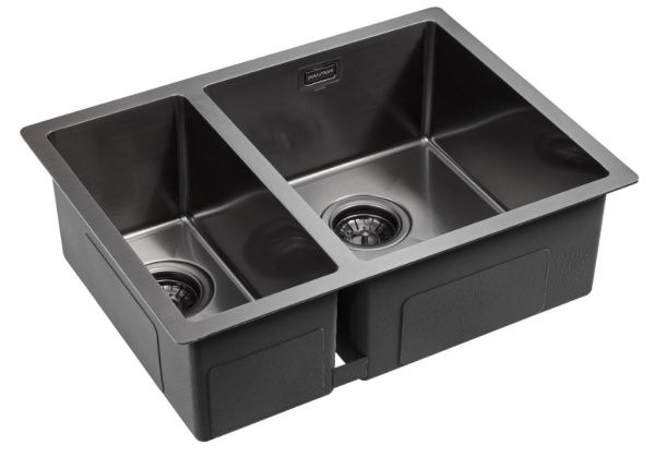 Мойка кухонная Paulmark ANNEX R, 59х44х20 см, две чаши, врезная, нержавеющая сталь, прямоугольная, цвет вороненая сталь, без отверстия под смеситель, без крыла, слив-перелив, врезная в столещницу, для кухни