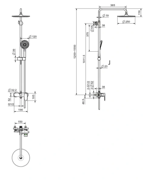 Душевая система Aquatek Ника со смесителем, высота 1200-1550 мм цвет хром, комплект: однорычажный смеситель/тропический душ (с верхней лейкой)/лейка/стойка/шланг, латунь/ABS-пластик