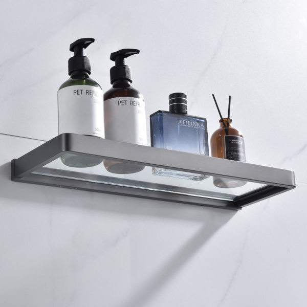 Полка стеклянная ABBER Westen одинарная, 400 мм нержавеющая сталь/стекло, настенная, для ванных принадлежностей, под зеркало, в ванную/туалет/душевую кабину, цвет стекло прозрачное/никель