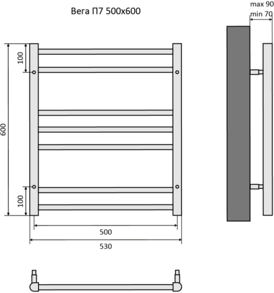 Полотенцесушитель Aquatek Вега водяной П7 500х600 мм хром, нержавеющая сталь, лесенка, подключение нижнее