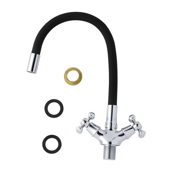 Смеситель для кухни/мойки AQUEDUC INWATER двухвентильный, поворотный/гибкий, керамический, длина излива 250 мм, цинк/силикон, цвет хром/черный 346864