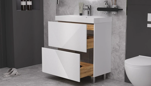 Тумба под раковину Velvex Edge 700-0-2, 694х388х796 мм напольная, цвет белый глянец, 2 выдвижных ящика, подходит раковина 9696-70, универсальная, в ванную комнату