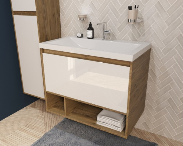 Тумба с раковиной Эстет Monaco Wood 80, 798х607х476 мм, подвесная, 1 выдвижной ящик/открытые полки, ЛДСП/МДФ, прямоугольная, цвет: белый/дуб рустикальный/раковина Монако 80, прямоугольная, цвет белый