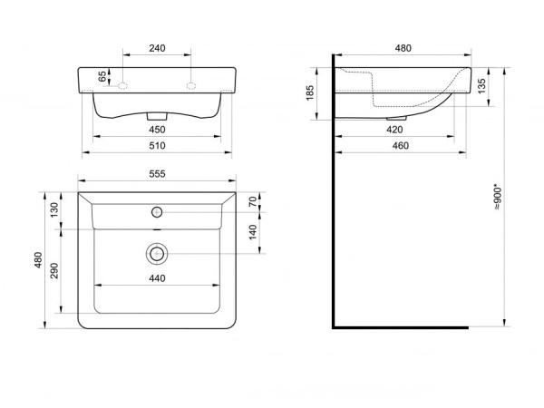 Раковина Santek Тигода 55, 55х47,5х18 см, накладная, прямоугольная, классическая/стандартная, цвет белый, керамическая/фарфоровая, отверстие под смеситель, слив-перелив