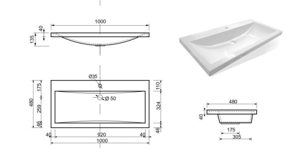 Раковина/умывальник Эстет Monaco 100, 1000х480х135 мм, встраиваемая сверху, прямоугольная, литьевой мрамор, цвет белый, с отверстием под смеситель, без слив-перелива, умывальник
