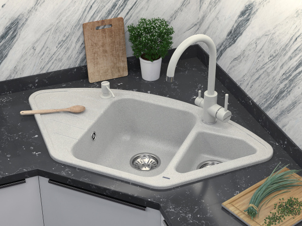 Смеситель для кухни/мойки Paulmark Essen, с подключением к фильтру/биканальный, однорычажный, поворотный излив, керамический картридж, высокий, длина излива 200 мм, латунь, цвет серый