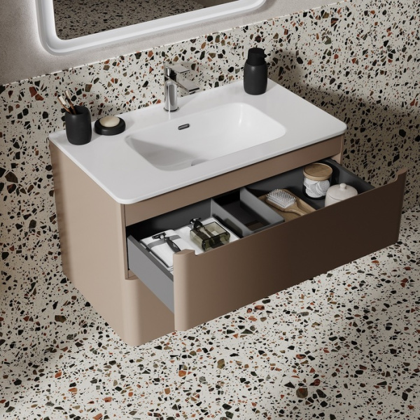 Тумба c раковиной IDDIS Edifice, 802х467х500 мм, подвесная, 2 выдвижных ящика, МДФ/санфарфор, раковина накладная, прямоугольная, отверстие под смеситель, цвет капучино EDI80C0i95K
