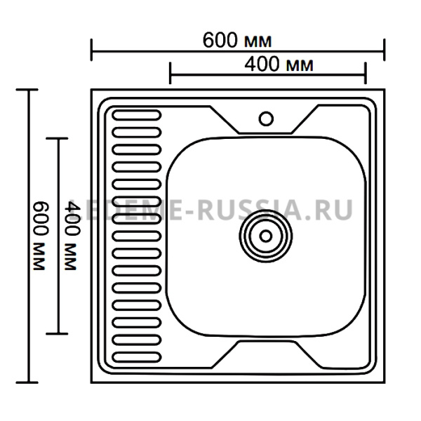 Мойка Ledeme, 60х60 см, толщина 0.8 мм, ПРАВАЯ ЧАША с левым крылом, с сифоном, накладная, нержавеющая сталь, квадратная, цвет глянцевый, отверстие под смеситель, для кухни, прямая, встроенная