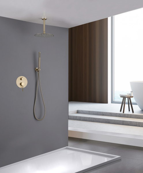 Душевая система ABBER Emotion встраиваемая, цвет золото матовое, комплект: однорычажный, смеситель/тропический душ (с верхней лейкой)/лейка/шланг, внутренний (скрытый) монтаж