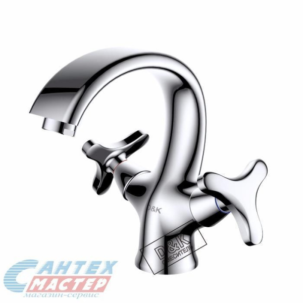 Смеситель для раковины D&K Hessen Goethe двухвентильный, излив короткий, длина 103 мм, поворотный, керамический, латунь, цвет хром, без донного клапана