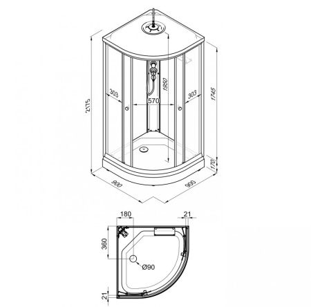 Душевая кабина 90х90х216 см Тритон Стандарт A3 поддон низкий, полукруглая, угловая, без гидромассажа, с верхним душем, передние стекла (рисунок мозаика), задние белые, смеситель, профиль хром матовый, прозрачное стекло, белая, закрытая