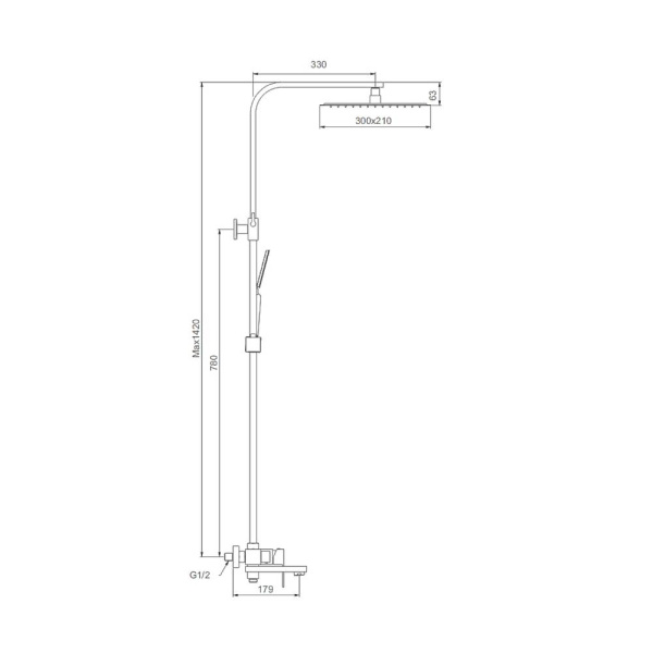 Душевая система Splenka S224.24.05 высота 780-1420 мм цвет сатин, комплект: однорычажный смеситель/излив/тропический душ прямоугольный (с верхней лейкой)/лейка/стойка/шланг, нержавеющая сталь