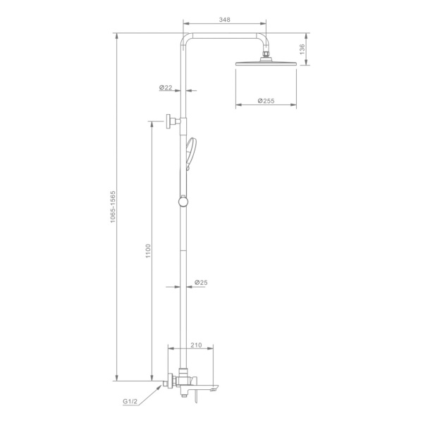 Душевая система Raglo R03.24 со смесителем, высота 1065-1565 мм цвет хром, комплект: однорычажный смеситель/излив/тропический душ круглый (с верхней лейкой)/лейка/стойка/шланг, нержавеющая сталь/латунь