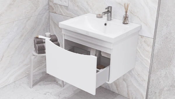 Тумба под раковину Velvex Vizo 60.1Y, 560х432х409 мм подвесная, цвет белый глянец, 1 выдвижной ящик, подходит раковина Como 60, универсальная, в ванную комнату