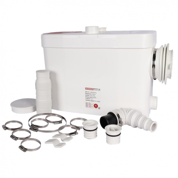 Канализационная насосная установка ROMMER BIOLIFT R-4S, выход сбоку 1х100 мм/3х40 мм, цвет белый, мощность 450 Вт, для унитаза, раковины, душевой кабины + 1 дополнительные вход