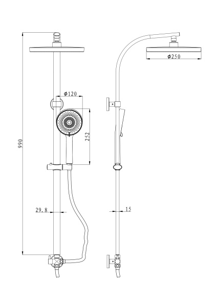 Душевой гарнитур Olives KDC05 высота 1000 мм цвет хром, комплект: тропический душ (с верхней лейкой)/стойка/лейка/шланг, наружного монтажа, настенный