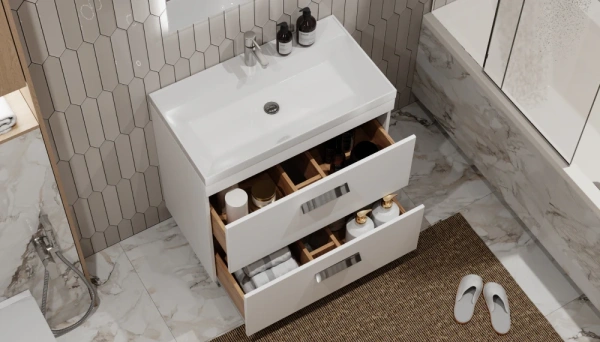 Тумба под раковину Velvex Orlando 800-0-2, 799х445х799 мм напольная, цвет белый матовый, 2 выдвижных ящика, подходит раковина Madera Classica rkCla.80-81, универсальная, в ванную комнату