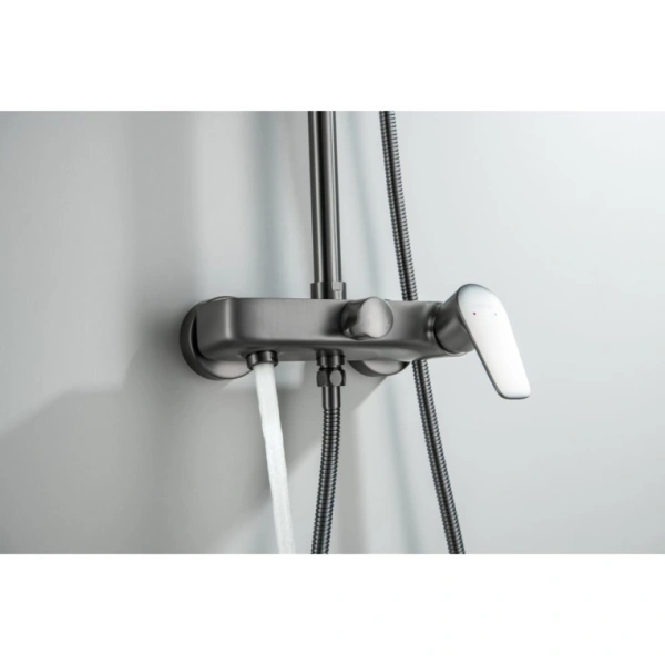 Душевая система Aquatek Бетта 884-1384 мм, цвет оружейная сталь, комплект: смеситель/излив/тропический душ (с верхней лейкой)/лейка/стойка/шланг, нержавеющая сталь/пластик