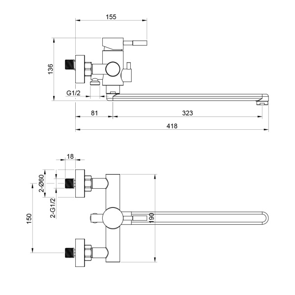 Смеситель для ванны/душа Olives Balear 13221BLB однорычажный, настенный, керамический, поворотный, длина излива 323 мм, нержавеющая сталь, цвет черный матовый