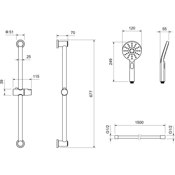 Душевой гарнитур Aquatek Оберон наружного монтажа, высота 677 мм, цвет шлифованное золото, комплект: стойка/лейка/шланг, нержавеющая сталь/пластик