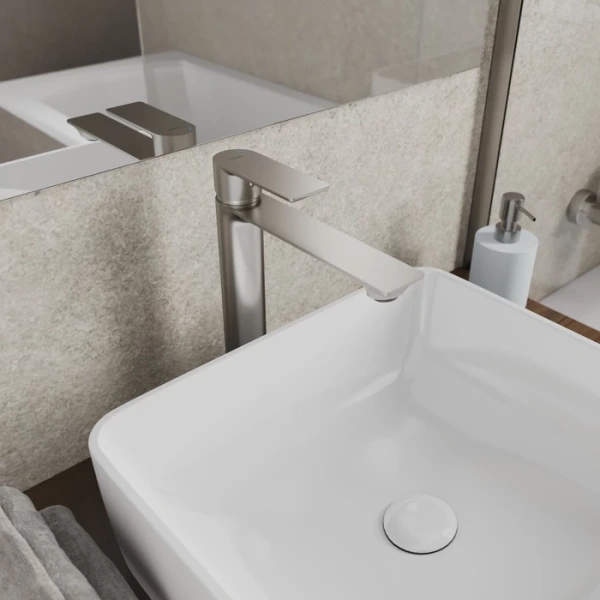 Смеситель для раковины/умывальника Milardo Maze, однорычажный, неповоротный, керамический картридж, высокий, длина излива 181 мм, нержавеющая сталь, цвет сатин MAZBN01M01