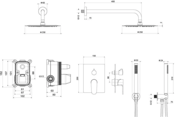 Душевая система Aquatek Оберон 3 в 1 встраиваемая, цвет хром, комплект: смеситель/тропический душ (с верхней лейкой)/лейка/шланг, латунь, скрытого монтажа