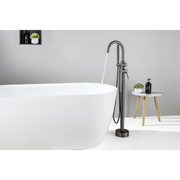 Смеситель для ванны/душа Aquatek Европа напольный, однорычажный, поворотный, длина 227 мм, керамический, латунь, цвет оружейная сталь