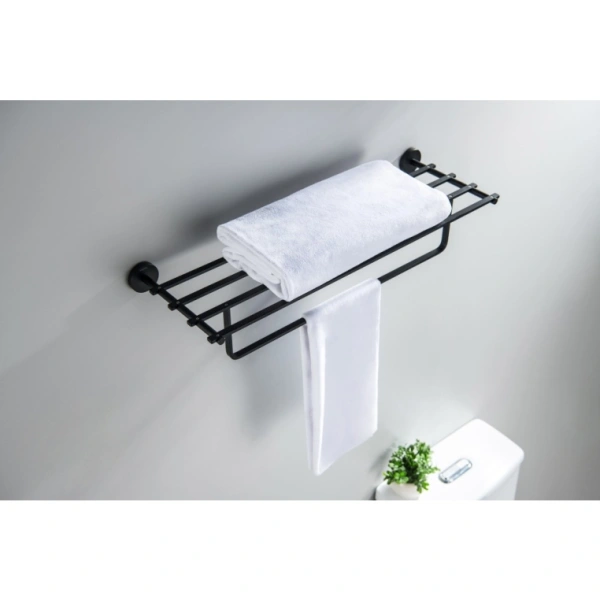 Полка Aquatek Бетта с полотенцедержателем, 600х210 мм настенная, цвет матовый черный, нержавеющая сталь/латунь, прямоугольная, подвесная, для душа/ванной