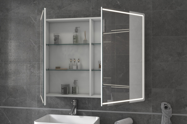 Зеркальный шкаф Vigo Geometry 1000, 100х80х20 см, с LED/ЛЕД подсветкой, подвесной, цвет белый, зеркало, 2 распашные дверцы, механизм доводчика, прямоугольный