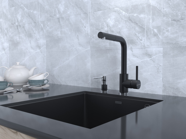 Смеситель для кухни/мойки Paulmark Kassel, однорычажный, поворотный, керамический картридж, высокий, выдвижной излив, длина излива 187 мм, латунь, цвет антрацит