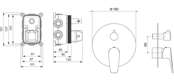 Смеситель для ванны/душа Aquatek Бетта настенный, однорычажный, встраиваемый, 3 режима, без излива, латунь, цвет хром