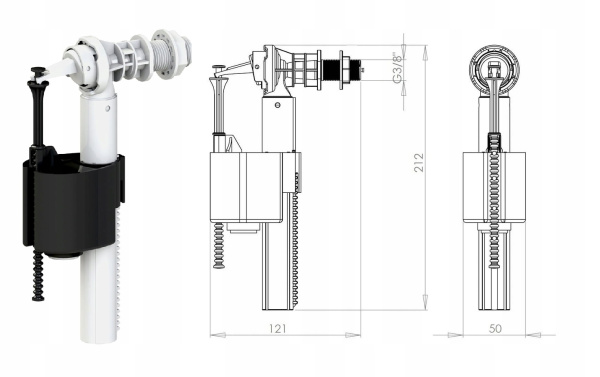 Впускной клапан KK-POL ZN5 боковой подвод воды 3/8" нр. штуцер пластик, для пластиковых и керамических бачков, заливной механизм