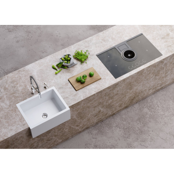 Мойка кухонная Omoikiri Mikura 61-WH Glossy, 46х61 см, врезная/с фронтальной стенкой, из натуральной керамики (Natceramic), прямоугольная, цвет белый глянцевый, без отверстия под смеситель, без крыла, слив-перелив, врезная в столещницу, для кухни